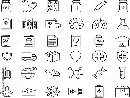 Vector medical and healthcare icon set featuring hospital, ambulance, DNA, syringe, and passport for travel and science themes