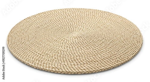 A beige woven round mat or rug with a natural fiber texture on a white background
