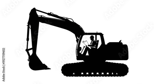 Vector silhouette of an excavator operator reviewing blueprints in the cab, representing construction planning, project management, and site engineering.