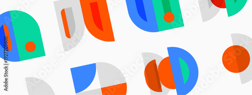 Abstract geometric shapes overlap, creating colorful pattern. Circles, arcs, segments dominate composition. Bright hues contrast against pale background.