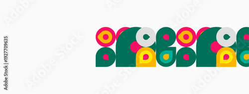 Stylized figures connected. Green, yellow, red colors dominate design. Simple shapes create playful pattern. Minimalist aesthetic.