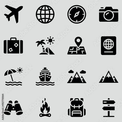 Travel and tourism glyph icon collection. Includes airplane, globe, compass, camera, luggage, beach, map, passport, cruise ship, mountains, binoculars, campfire, backpack