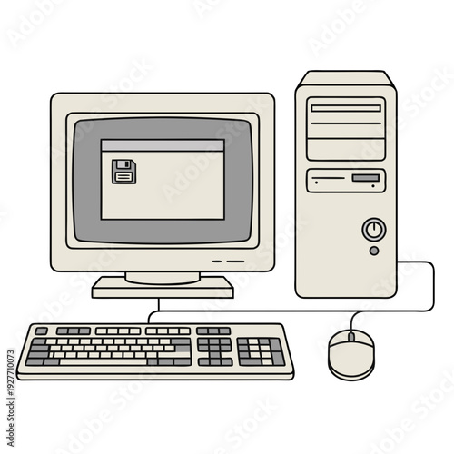 Vintage 90s Personal Computer Illustration with CRT Monitor, CPU Tower, Keyboard, and Mouse in Minimalist Retro Style