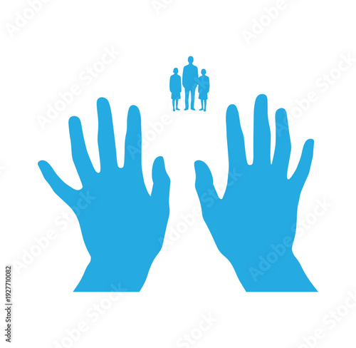 Blue silhouette of hands protecting a family  safety and protection concept