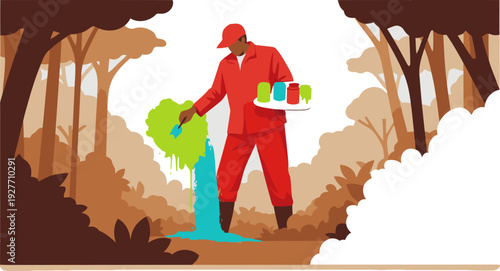 A black artist paints a vibrant rainforest scene with colorful paints, promoting conservation. Bold colors and a clear composition make this concept art ideal for marketing.