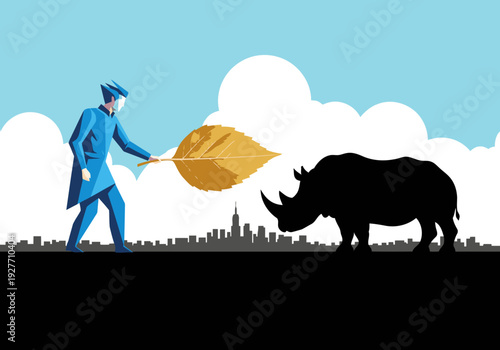 A man offers a golden leaf to a rhino silhouette against a city backdrop. Illustrative, modern design conveying peace and balance. Suitable for business and lifestyle themes.