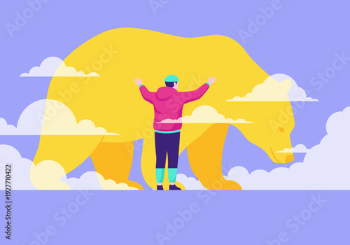 A man stands admiring a giant, stylized bear in a vibrant, cloud-filled landscape.  Promotes wildlife protection and pride. Modern illustration style.