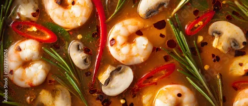 Obraz  z motywem A flavorful and spicy soup with shrimp, mushrooms, chili peppers, and fresh herbs simmering in broth