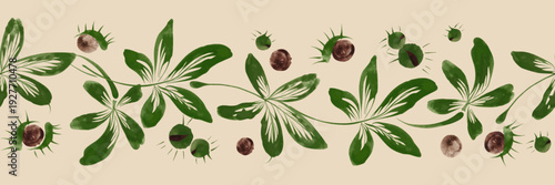 Border vector seamless pattern from chestnut leaves and nuts on a beige background 