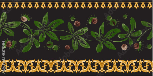 Border vector seamless pattern from chestnut leaves and nuts on a black background with golden oriental frieze
