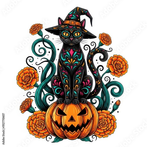 Colorful black cat in witch hat sitting on jack-o-lantern surrounded by orange flowers and green vines, Day of the Dead style flat illustration
