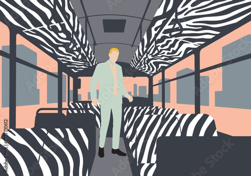 A stylish urban bus interior features a man in a suit amidst zebra-striped patterns. Bold design, modern aesthetic, and a unique travel concept.