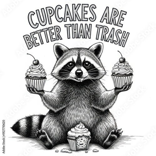 Raccoon holding cupcakes, sitting with cupcakes, cupcakes are better than trash, animal lover, sweet treats