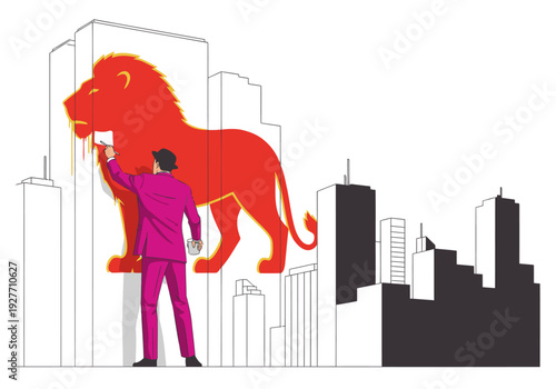 A stylish man in a suit paints a giant lion mural on a skyscraper in African Lion City. Bold, vibrant art against a modern cityscape.