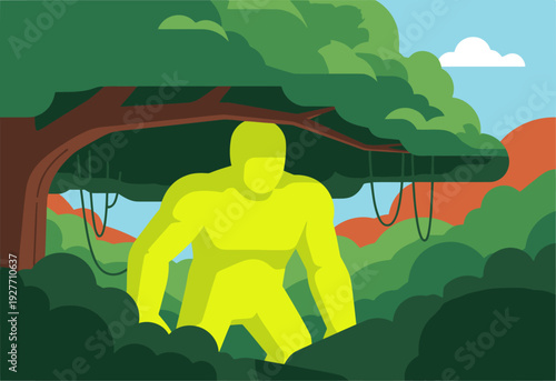 A stylized figure protects a lush nature habitat under a tree. Bold green and yellow colors create a vibrant, impactful design. ?Save The Nature Habitat? text adds a clear call to action.