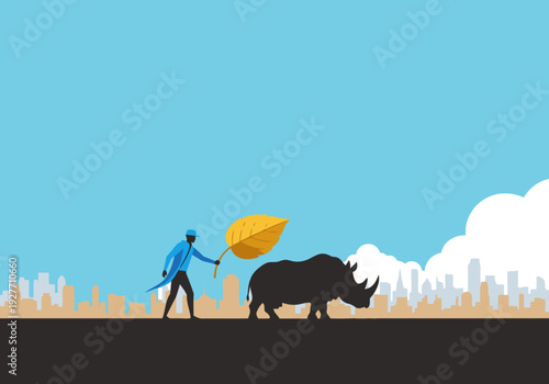 A stylized illustration depicts a man pushing a rhino with a leaf, set against a cityscape.  ?Urban Rhinoceros Peace Offer? ? a bold, modern graphic.