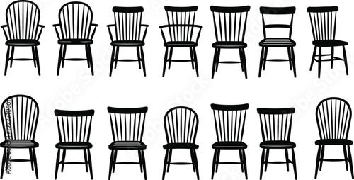 Wooden chair silhouette collection, classic dining furniture set isolated black vector illustration vintage interior design elements