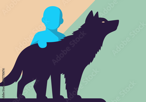 A stylized silhouette of a person riding a wolf, symbolizing strength and loyalty. Modern, graphic design campaign illustration.