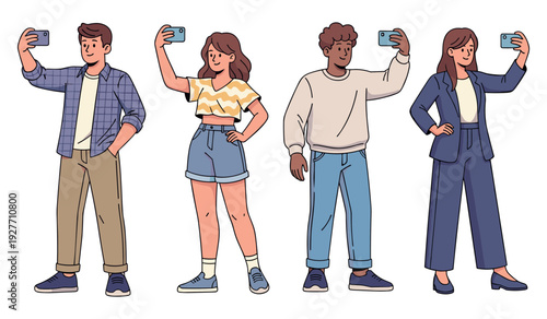 Diverse group of young adults taking selfies together