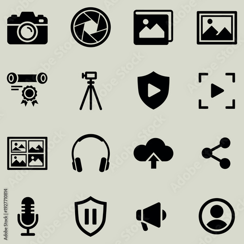 Photography and videography glyph icon collection. Includes camera, lens, image gallery, diploma, tripod, shield with play button, video frame, headphones, cloud upload, share, microphone