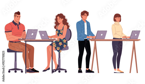 Diverse group of young adults working on laptops in casual office setting