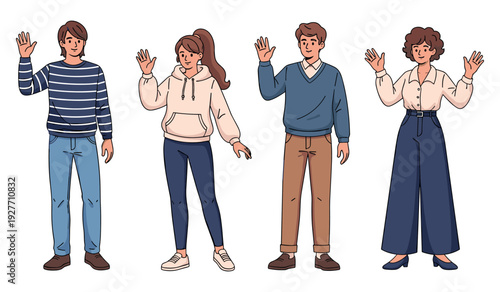 Diverse young adults waving: caucasian and african female, caucasian male, casual attire