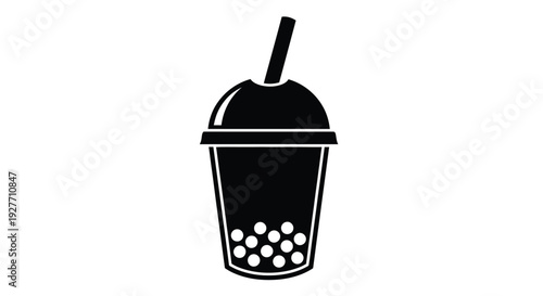 Simple black silhouette of a bubble tea with a straw and tapioca pearls