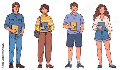 Diverse young adults holding notebooks: casual outfits and varied hairstyles