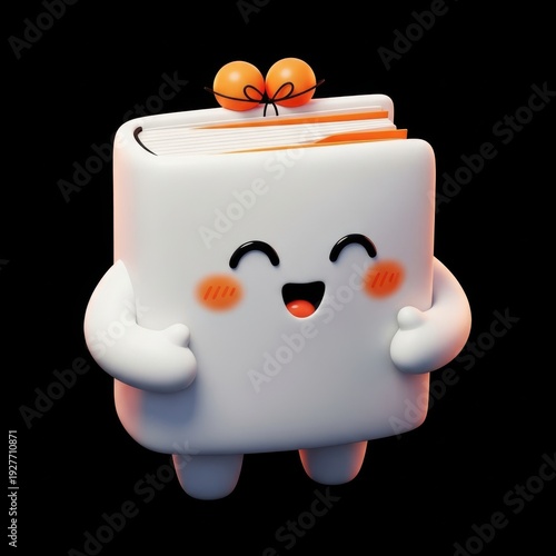 3D render of smiling white marshmallow character with orange accents and bow on top