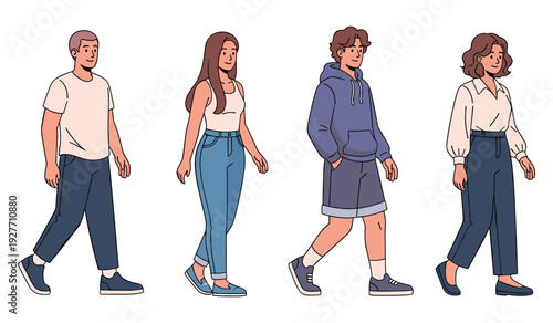 Diverse group of cartoon characters walking in casual outfits