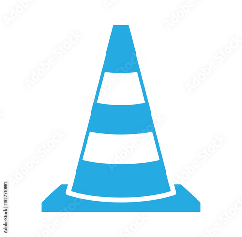 Blue traffic cone with white stripes on flat base  road safety symbol