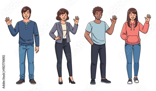 Four diverse young adults waving in casual and formal outfits