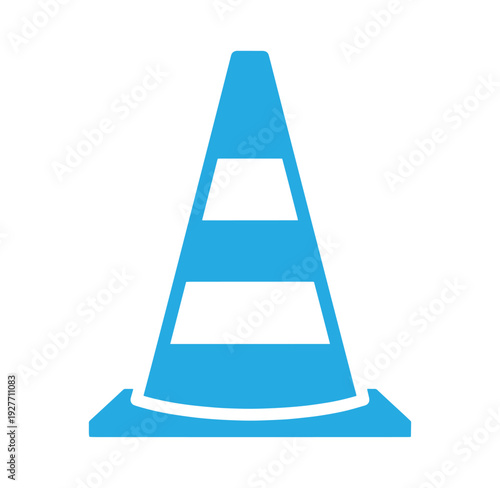 Blue traffic cone with white stripes on transparent base  road safety symbol