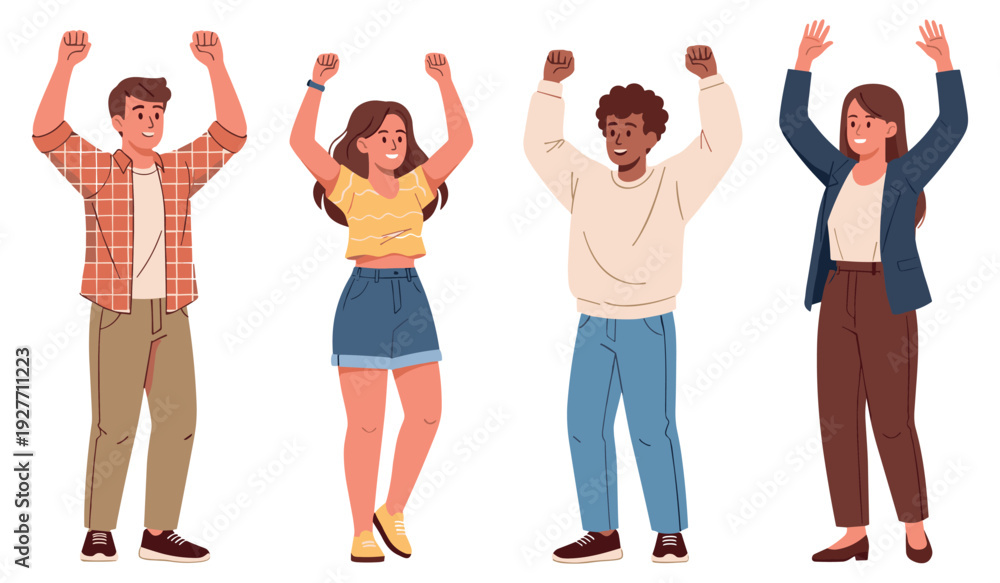 Fototapeta premium Four diverse young adults celebrating with raised arms in casual attire