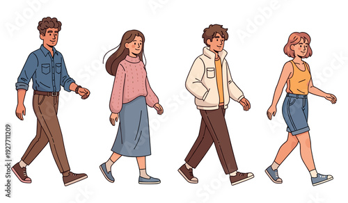 Diverse young adults walking: fashion and style in casual outfits