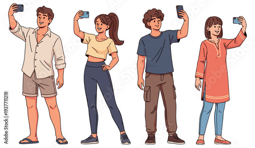 Diverse young adults taking selfies: caucasian, hispanic, asian individuals