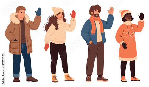 Group of diverse adults in winter clothing waving cheerfully