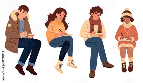 Group of young diverse adults and child illustrating in warm winter clothes