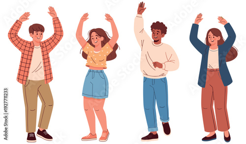 Diverse group of happy young adults dancing with raised hands