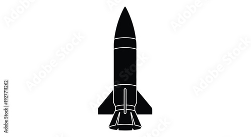 A stark black silhouette of a rocket against a white background