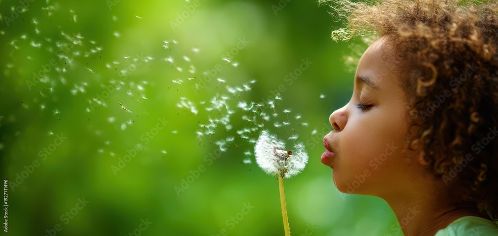 Naklejka premium The child blowing a dandelion seed head on a sunny green background