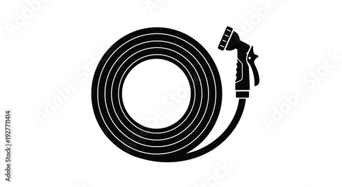 Black and white illustration of a coiled garden hose with nozzle