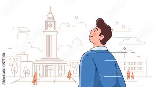 Young caucasian male admiring cityscape with skyscraper and urban outlines