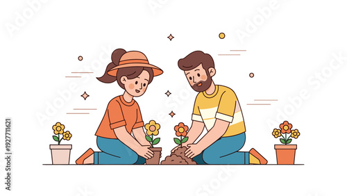 Young caucasian female and male planting flowers together in garden