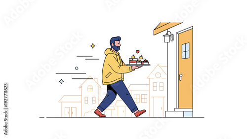 Young caucasian male delivering pastries to a house in a residential neighborhood