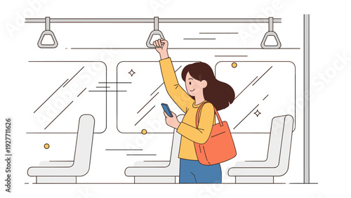 Asian adult female commuter holding strap and smartphone on train