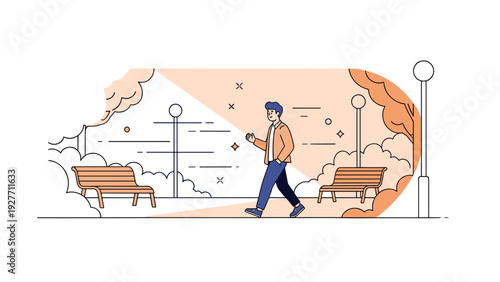 Young caucasian male walking in park with benches and lamp posts in minimalist style