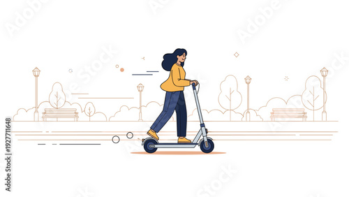 Young hispanic female riding electric scooter in urban park setting illustration