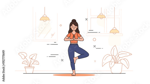 Young hispanic female practicing yoga balance pose in modern indoor setting
