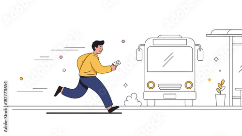 Young asian male running to catch bus at urban stop